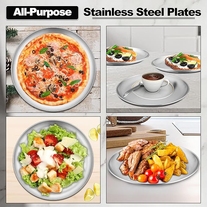 E-far 4-Piece Stainless Steel Plates, 9 Inch Metal Dinner Plates Dishes for Home, Picnic, Outdoor Camping, Healthy & Non-Toxic, Shatterproof & Dishwasher Safe