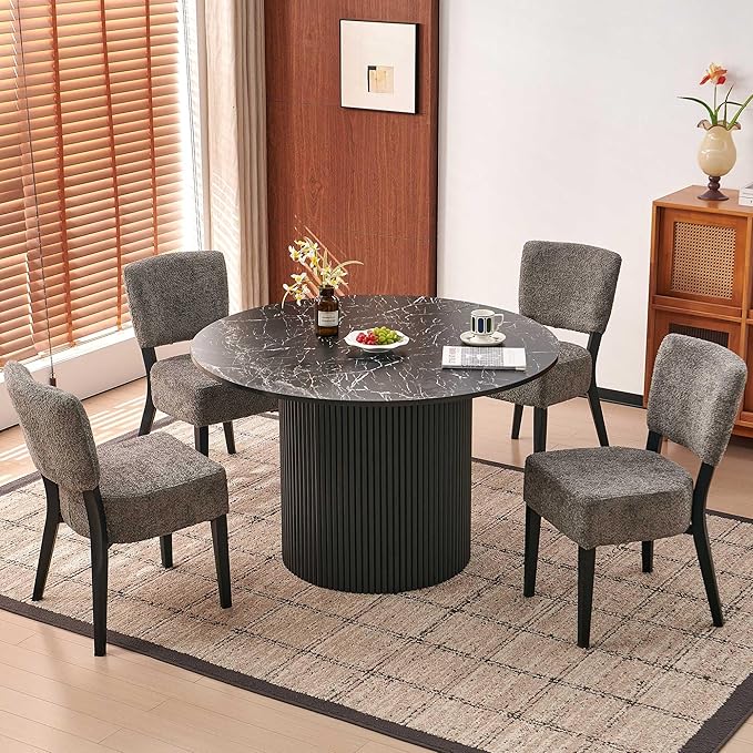 Howtek 5-Piece Modern Dining Room Set, 47" Faux Black Marble Round Dining Table with 4 Gray Space-Saving Upholstered Stackable Dining Chairs, Kitchen Table and Chairs Set for Home