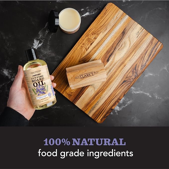 CLARK’S Cutting Board Oil and Wax Kit - Set includes Food Grade Mineral Oil (12oz), Finishing Wood Wax (6oz), Applicator Sponge & Buffing Pad, Enriched with Food Safe Lavender and Rosemary Extract
