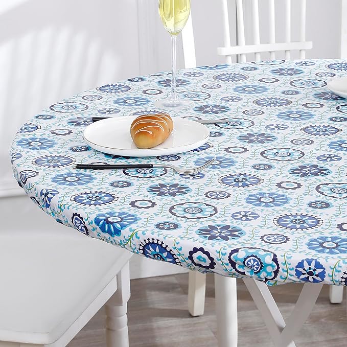 Walrus Round Vinyl Fitted Tablecloth with Flannel Backing Elastic Edge Design Table Cover Waterproof Oil-Proof PVC Table Cloth Stain-Resistant Best for 45"-56" Round