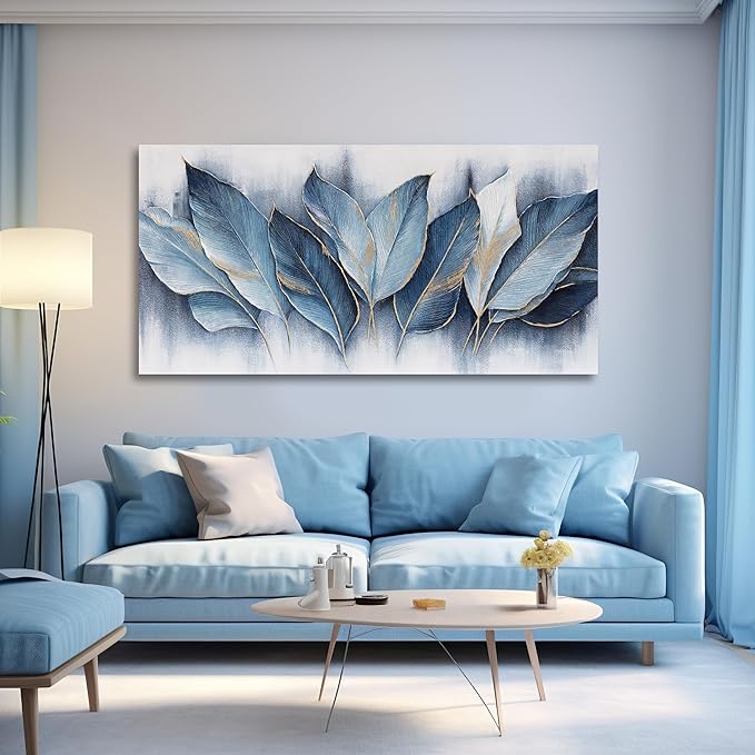 Framed Art Wall Decorations Blue Leaves Canvas Wall Art Abstract Art Modern Artwork For Living Room Bedroom Dining Room Home Office Decor 24"X48"