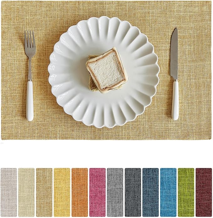 Softalker Faux Linen Placemats Set of 4-12 x 18 Inch, Heat Resistant Double Layered Durable Burlap Farmhouse Place Mats, Non-Slip Washable Rustic Table Mats for Dining, Kitchen, Party（Khaki