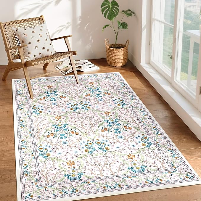 GarveeHome Floral 3x5 Area Rugs for Entryway, Washable Kitchen Rug Non Slip, Low Pile Bedroom Rug, Ultra Soft Stain Resistant Small Carpet for Laundry Room, Pink