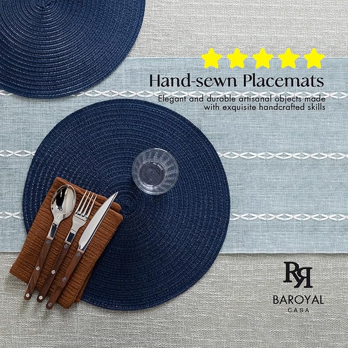Round Placemats Set of 8 Woven Placemats Washable Braided Table Mats for Dining Table Heat Resistant Non-Slip Circle Place Mats(Navy Blue)