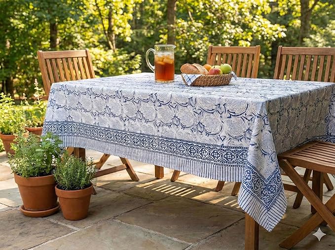 ATOSII ‘Santorini’ 100% Cotton Fall Tablecloth, Handblock Print Blue Rectangle Table Cloth for Kitchen I Dining Table Linen I Parties Wedding Christmas Thanksgiving I Fall Decor 60 X 108 Inches