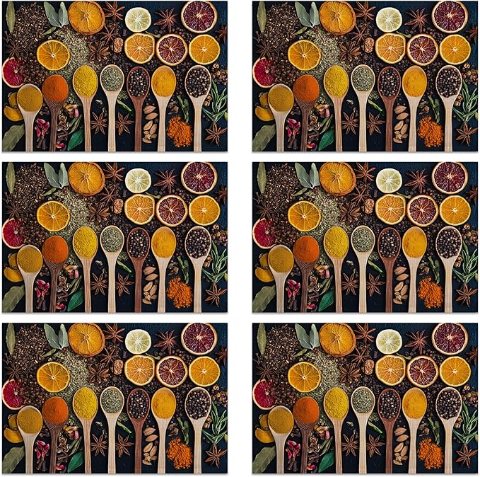 Placemats, Colorful Spices Placemats 12x18 Inch Waterproof Non-Slip Washable Table Mats for Kitchen Dining Party Table Decor,Set of 6