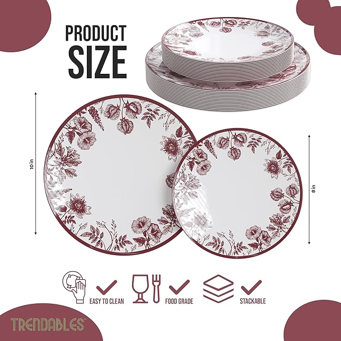 Trendables Disposable Plates For Party Supplies | Burgundy Floral Plastic Plates For Wedding 200 Pcs - 100 X 8 & 100 X 10 Dinner Plate Sets | Floral Plate Set Disposable Plastic Dinnerware Sets