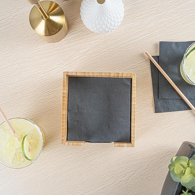 5.5 x 4 Inch Cocktail Napkin Holder, 1 Square Flat Napkin Holder - For Bars, Kitchen Tables, or Countertops, Sturdy, Natural Bamboo Tissue Napkin Holder, Dining Room Decor - Restaurantware