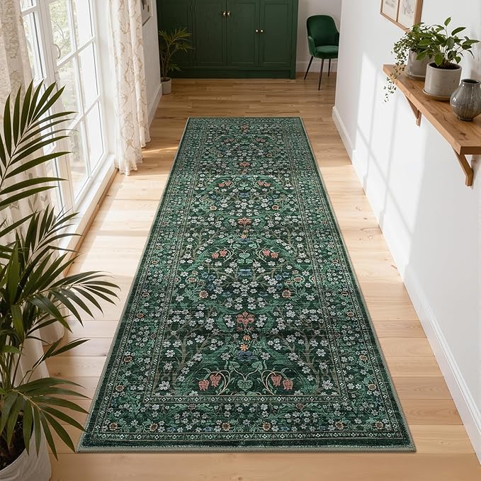 GarveeHome Washable Kitchen Runner Rug, Floral 2x6 Rug for Hallway Non Slip Stain Resistant, Ultra-Thin Boho Soft Hallway Rug Botanical Carpet for Entryway, Laundry Room, Bathroom Dark Green