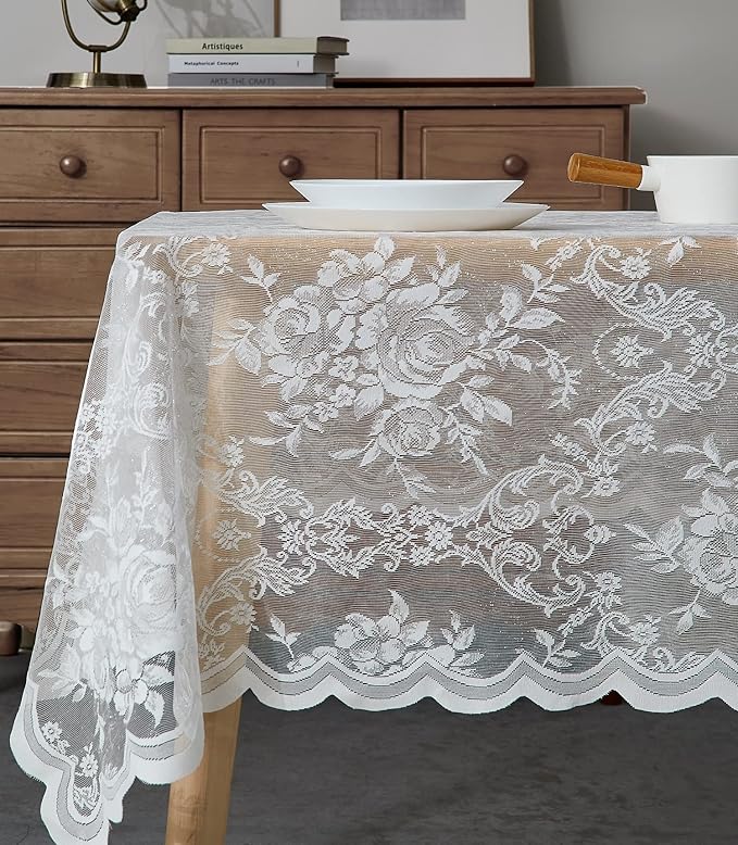 Warm Home Designs 60 x 84 Lace Tablecloth. Ivory Rectangle Tablecloth with English Rose Design. Rustic Table Cloth, Rustic or Dining Table Cover for 6-8 Guests. LTC Ivory 84"