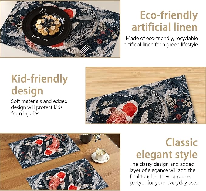 Placemats, Janpanese Koi Fish Placemats 12x18 Inch Waterproof Non-Slip Washable Table Mats for Kitchen Dining Party Table Decor,Set of 6
