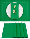 D'Moksha Homes Linen Placemats Set of 4 - Classic Hemstitch Kelly Green Placemats 14 x 19 Inch - 100% Pure Linen Table Mats for St Patricks Day, Easter - Handcrafted and Machine Washable