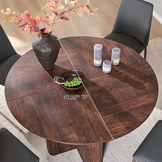 T4TREAM 47" Fluted Round Dining Table for 4-6, Mid-Century Modern Kitchen Table with Thickened Edge & Sturdy Pedestal Base for Kitchen Living Room,Dark Walnut(Table Only)