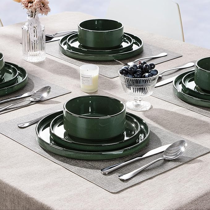 Herogo 12 Pieces Stoneware Dinnerware Set for 4, Ceramic Dinner Dishware Sets for Home Kitchen, Plates and Bowls with Rustic Terracotta Bottom, Dishwasher & Microwave Safe, Dark Green