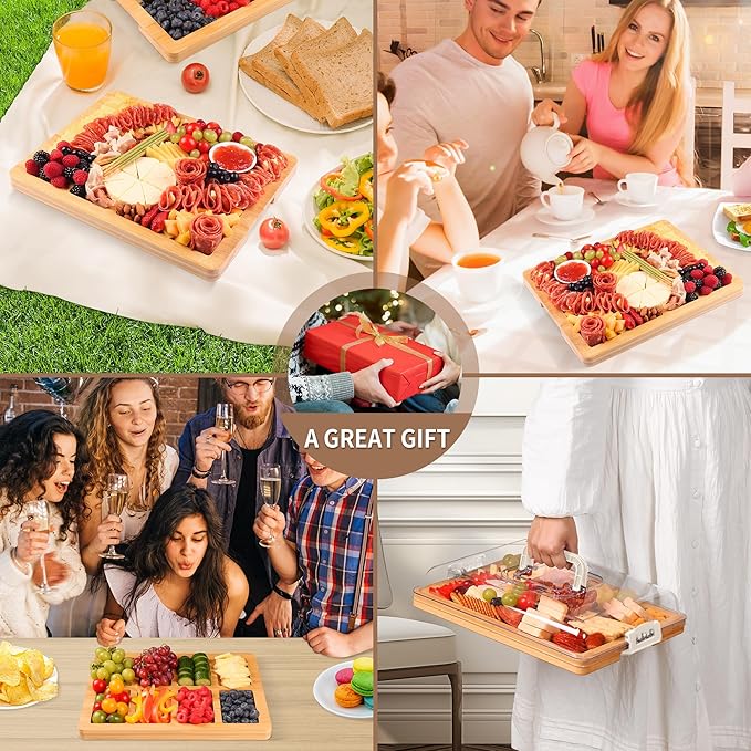 Charcuterie Board with Lid and Handle - Portable Travel Design Bamboo Cheese Board Set with 4 Cheese Tools, Gift for Housewarming, Weddings, Picnics(8 Compartments, White)