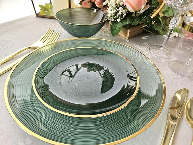 " OCCASIONS " 240 Plates Pack,(120 Guests) Premium Wedding Party Disposable Plastic Plates Set -120 x 10'' Dinner + 120 x 7'' Salad/Dessert (Belize in Green & Gold)