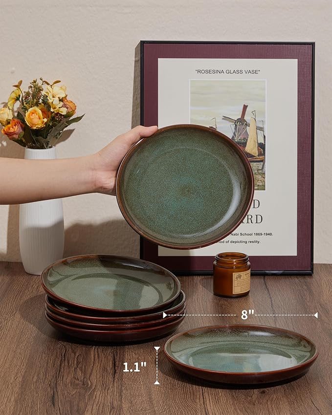 Ceramic Salad Plates Set of 6, 8.0 Inch Reactive Glaze Dish Set, Small Dinner Plate for Dessert, Salad, Appetizer, Microwave & Dishwasher Safe, Scratch Resistant-Brown and Green