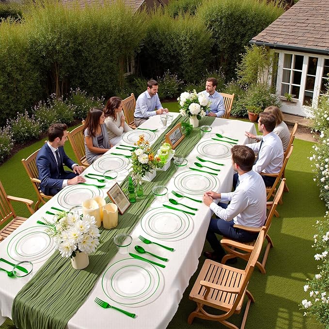 SUT 350 Pcs Green and Clear Plastic Dinnerware Set for 50 Guests, Include: 50 Dinner Plates, 50 Dessert Plates, 50 Pre Rolled Napkins With Silverware, 50 Cups, Disposable Plates for Party