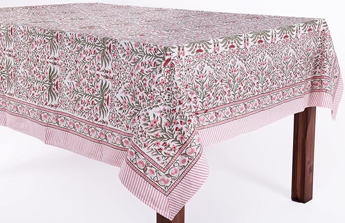 ATOSII Nargis Pink 100% Cotton Rectangle Boho Spring Tablecloth, Handblock Floral Table Cloth Linen for Kitchen Dining I Parties Wedding Outdoors Easter Holidays Home Decor 60 X 90 Inches I 6 Seater