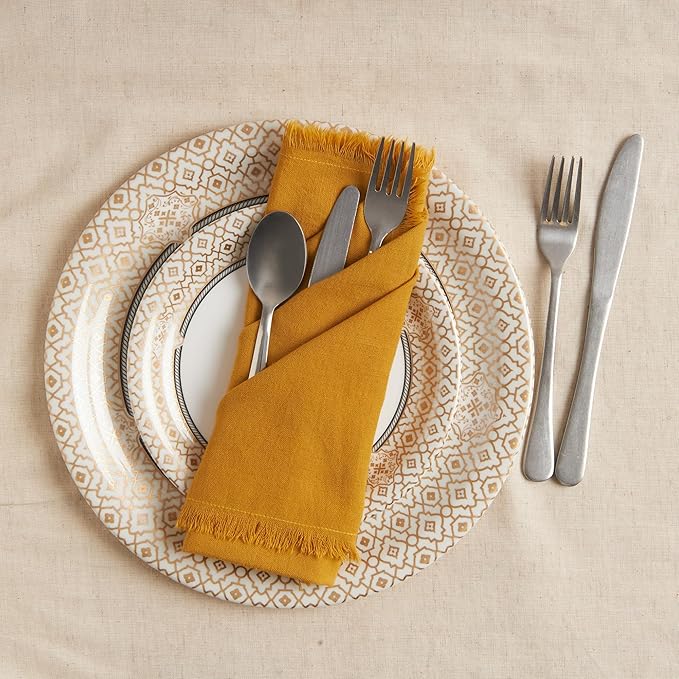 ACCENTHOME Mustard Cotton Linen Napkin Set of 6 18x18 inch Dinner Napkins - Washable Soft Premium Hotel Quality Reusable Napkins Perfect Table Napkins for Family Dinners, Weddings & Everyday Use