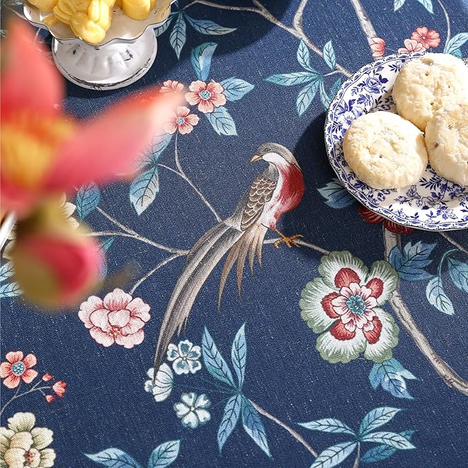 patdrea Designer Vintage Dark Blue Linen Square Tablecloth,Navy French Floral and Birds Pattern Table Cloth,Decoration Table Cover for Kitchen,Dining,Tea Party,Home,Christmas,55"*55"