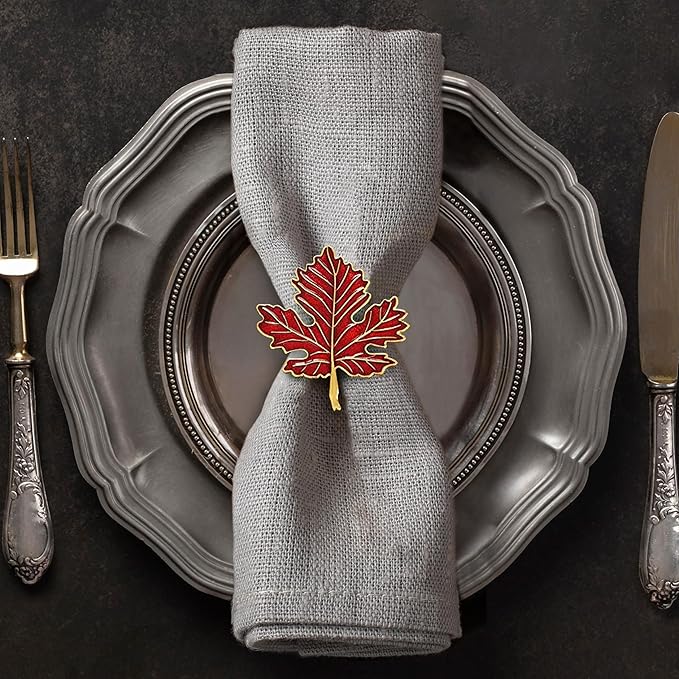 Decozen Set of 16 Red Gold Napkin Rings in Leaf Design, Festive, Table Decor Setting for Holiday, Wedding, Birthday, Kitchen, Home Decor, Housewarming Gift - Thanksgiving & Christmas Gift Decoration