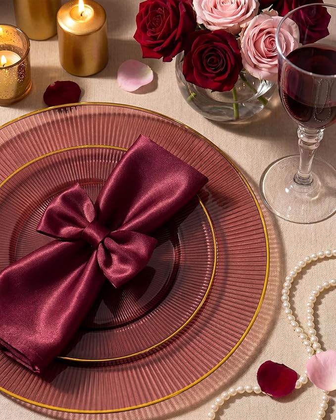 Hioasis 60pcs Burgundy and Gold Plastic Plates - Burgundy Disposable Dinnerware Set, 30pcs Dinner 10.25in & 30pcs Dessert 7.5in Plates with Striped Designs for Party & Wedding
