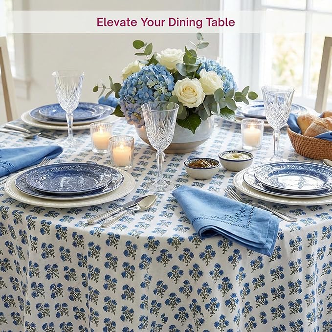 ATOSII Gulbahar Blue 100% Cotton Fall Round Tablecloth, Handblock Print Floral Table Cloth for Kitchen Dining Linen I Thanksgiving, Christmas, Weddings, Outdoors, Parties I 90" Inches Diameter