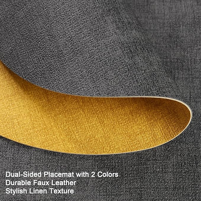 Myir JUN Round Placemats, Dual Sided Faux Leather Place Mats Set of 6 Indoor/Outdoor Non-Slip Washable Table Mats (Gray Yellow, Set of 6)