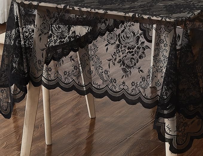 Warm Home Designs 60 x 84 Lace Tablecloth. Black Rectangle Tablecloth with English Rose Design. Rectangular Tablecloth, Rustic Tablecloth or Dining Table Cover for 6-8 Guests. LTC Black 84"