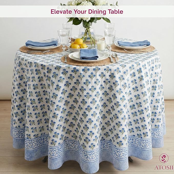 ATOSII Gulbahar Blue 100% Cotton Fall Round Tablecloth, Handblock Print Floral Table Cloth for Kitchen Dining Linen I Thanksgiving, Christmas, Weddings, Outdoors, Parties I 72" Inches Diameter