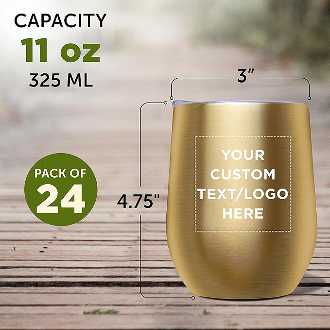 Custom Stemless Wine Glass Tumblers with Lids by Largo 11 oz. Set of 24, Personalized Bulk Pack - Perfect for Wine, Cocktails, Other Hot & Cold Beverages - Gold