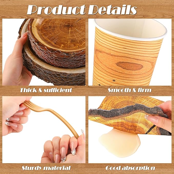 Kochorie 400 Pieces Wood Slice Disposable Tableware Sets, Rustic Wood Party Supplies with Plates Cups Napkins Cutlery Serves 50 for Birthday Hunting Forest Themed Party Decorations