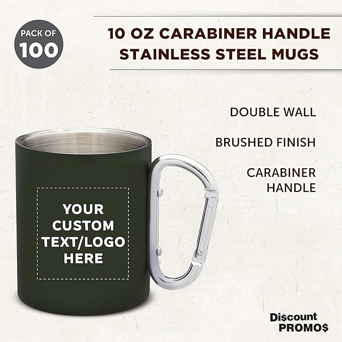 Custom Stainless Steel Mugs with Carabiner Handle 10 oz. Set of 100, Personalized Bulk Pack - Perfect for Coffee, Soda, Other Hot & Cold Beverages - Army Green