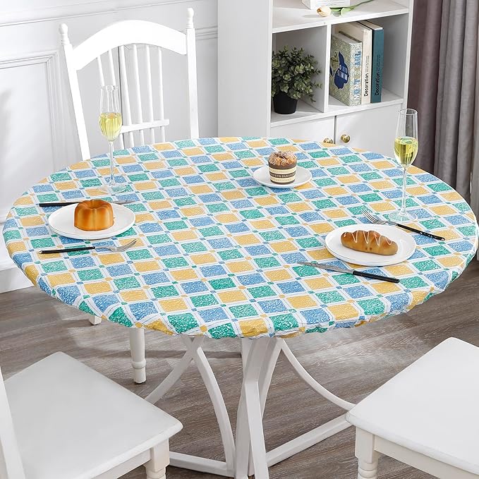 Walrus Round Vinyl Fitted Tablecloth with Flannel Backing Elastic Edge Design Table Cover Waterproof Oil-Proof PVC Table Cloth Stain-Resistant Best for 37"-44" Round