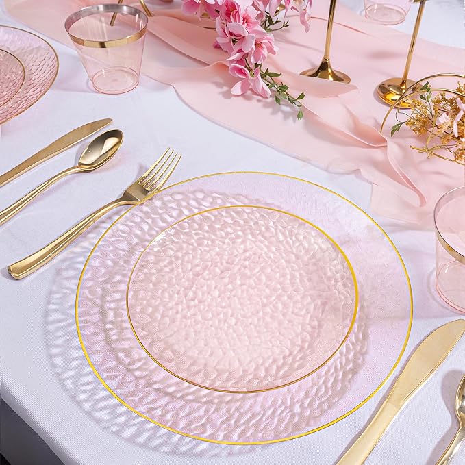 DaYammi 60PCS Pink Gold Plastic Plates - 10 inch Pink Plastic Dinner Plates - Hammer Pattern Design - Fancy Clear and Gold Disposable Plates Ideal for Mother's Day