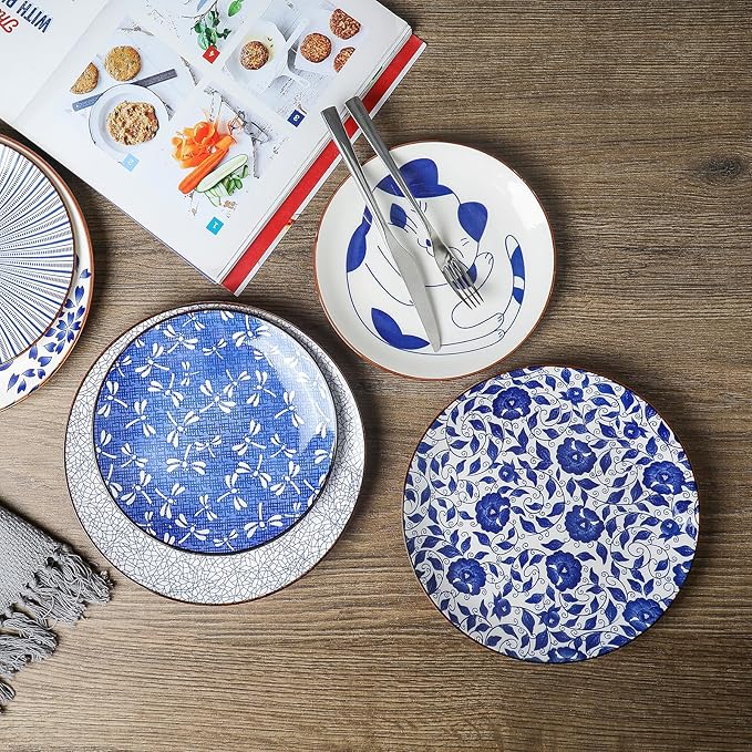 Selamica 8 Inch Ceramic Dessert Plates, Appetizer Plates for Serving Snacks Pasta, Microwave Dishwasher Safe, Set of 6, Blue