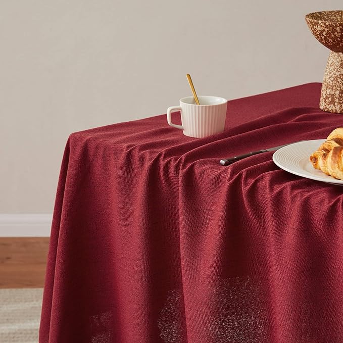 Linen Tablecloth for Rectangle Table, 60x120 Inch Burgundy, Farmhouse Style Red Tablecloth, Water Resistant Burlap Tablecloths for Dining Table Farmhouse Kitchen