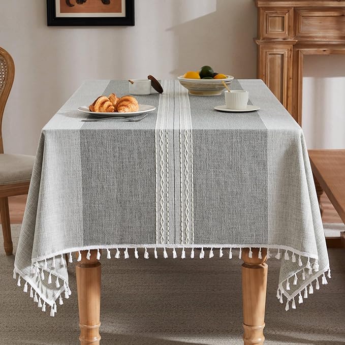 ZeeMart Contrast Linen Table Cloth Rectangle Table Cloths 60x104 Inch Mid-Stripe Grey, Farmhouse Style Heavy Weight Grey Tablecloth, Water Resistant Burlap Tablecloths