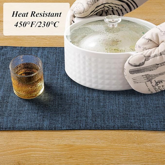 SHACOS Washable Cloth Placemats Set of 6 Fabric Place Mats Double Layered Thick Faux Linen Placemat Non Slip Reversible Table Mats Home Wedding Table Decor, Dark Blue