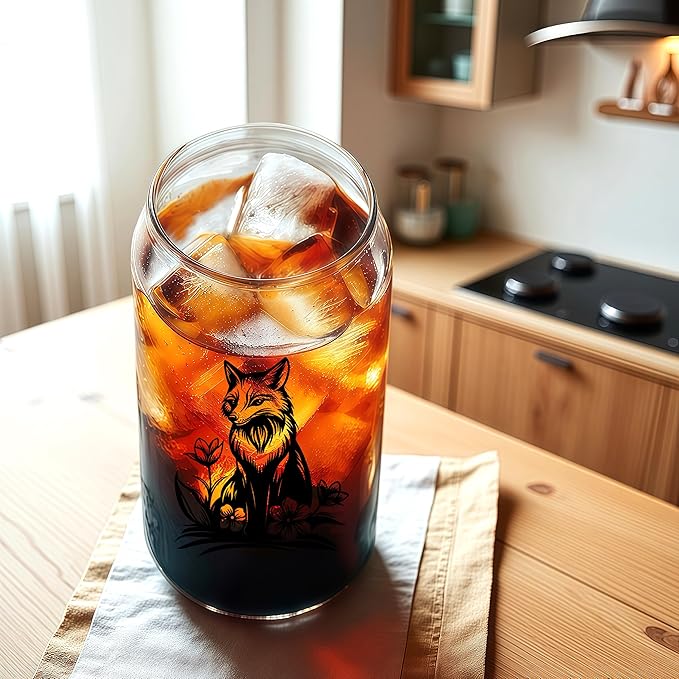 Cute Fox Glass Cup With Lids And Straws, Fox Gift For Women, Iced, Coffee, Smoothie, Cocktail, Beer, Whiskey, Soda, Matcha,16 Oz, Home Office Table Desk Decoration!