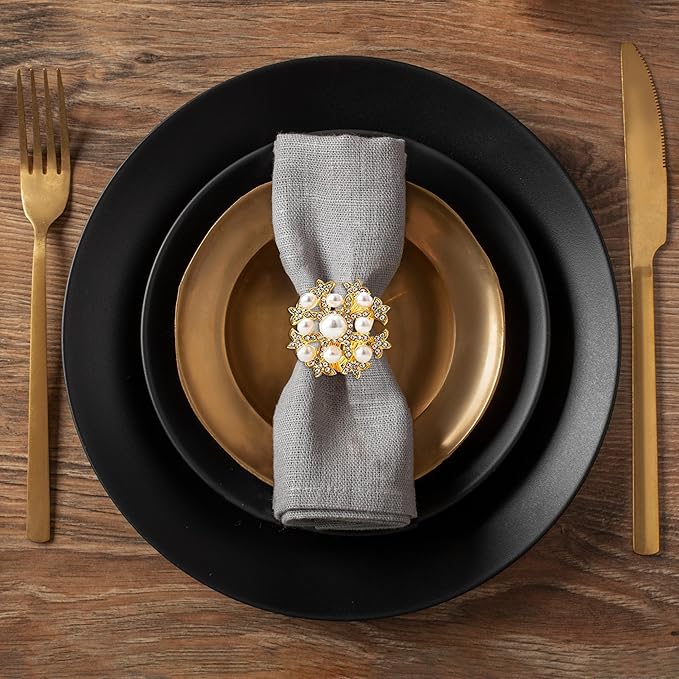 Decozen Set of 16 Gold Napkin Rings with Pearl Design, Festive, Table Decor Setting for Holiday, Wedding, Birthday, Kitchen, Home Decor, Housewarming Gift - Thanksgiving & Christmas Gift Decoration