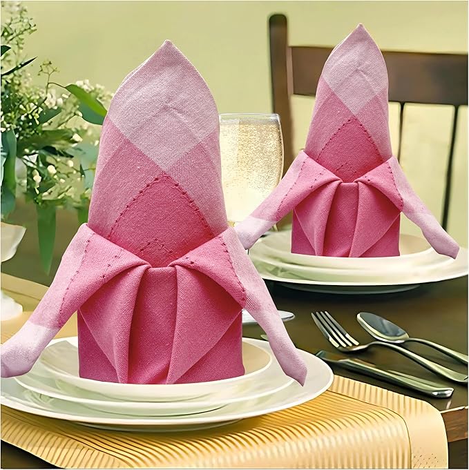 Bedding Craft Cotton Cloth Dinner Napkins Set of 12 – 20x20 Pink Multi Double Hemstitched – Machine Washable Fabric Napkins for Weddings, Parties & Dining Tables