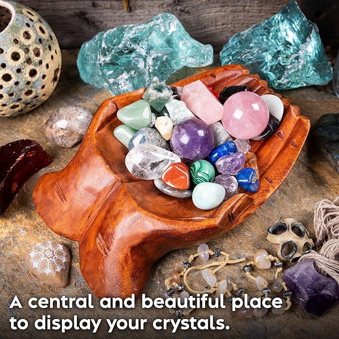 Curawood Carved Hands Offering Bowl - Crystal Holder for Stones, Rock Collection Holder, Crystal Display Storage Tray, Wooden Hands Bowl for Keys - Rock Display Case for Shelf, Stand, Altar Decor (L)