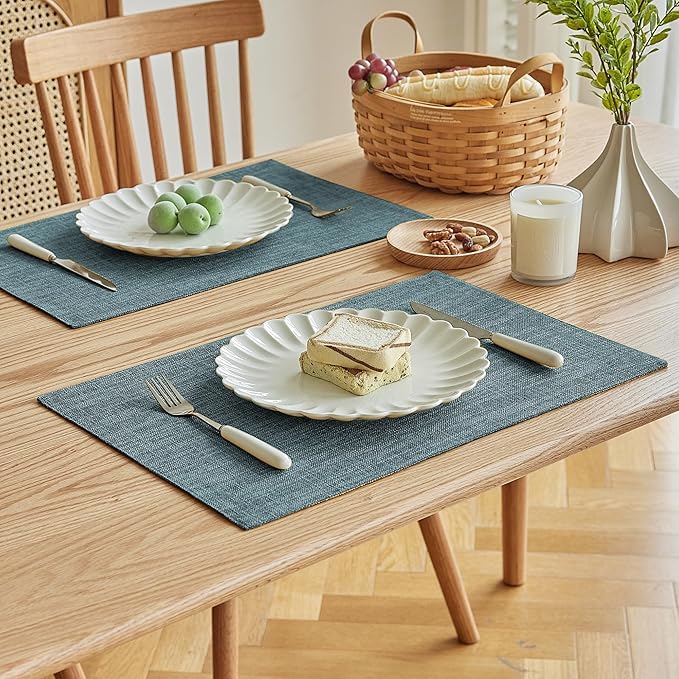 Softalker Faux Linen Placemats Set of 8-12 x 18 Inch, Heat Resistant Double Layered Durable Burlap Farmhouse Place Mats, Non-Slip Washable Rustic Table Mats for Dining, Kitchen, Party（Light Blue