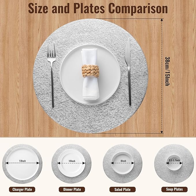 Jovono 15" Faux Leather Big Round Placemats Set of 6 - Washable Heat Resistant Non-Slip Dining Table Mats with Fabric Texture for Kitchen Home Party Wedding Decor, Silver