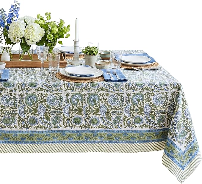 ATOSII Clover Blue 100% Cotton Rectangle Fall Tablecloth, Handblock Floral Linen Table Cloth for Kitchen Dining Table I Parties Christmas Thanksgiving I Fall Home Decor 60 X 90 Inches I 6 Seater