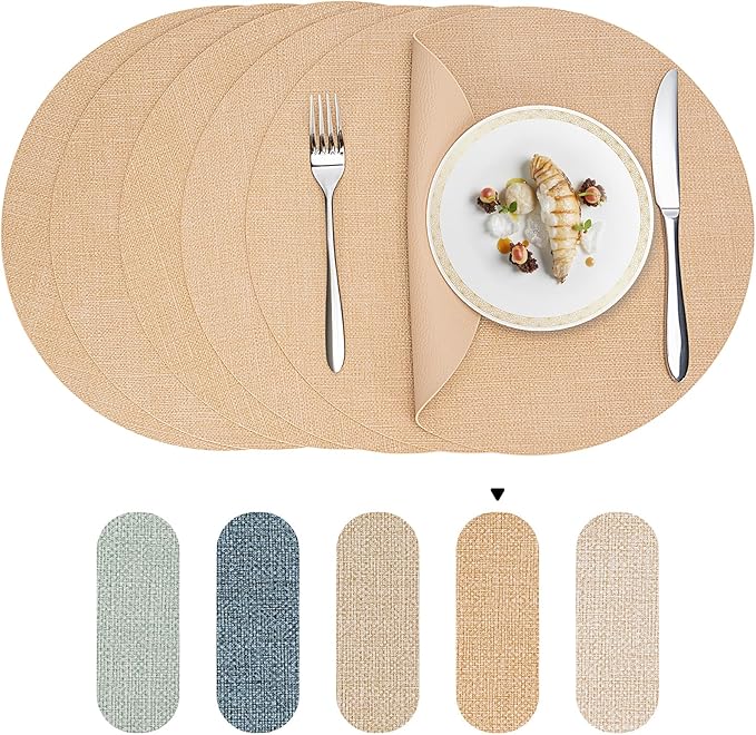 Round Wipeable Placemats Set of 4 – Faux Leather Round Table Mats, Waterproof & Washable Vinyl Placemats, Circle Design for Dining Table Decor– Warm Tan