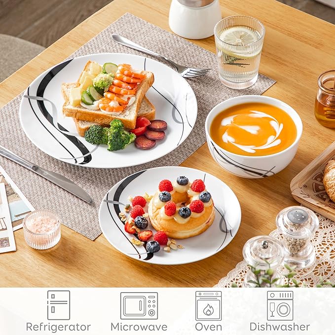 VEWEET Porcelain Dinnerware Sets for 4, 12 Pieces Plates and Bowls Set with Black and Grey Ribbon Lines, Dishes Set Dining Ware for Dinner, Microwave and Dishwasher Safe, Series FIONA
