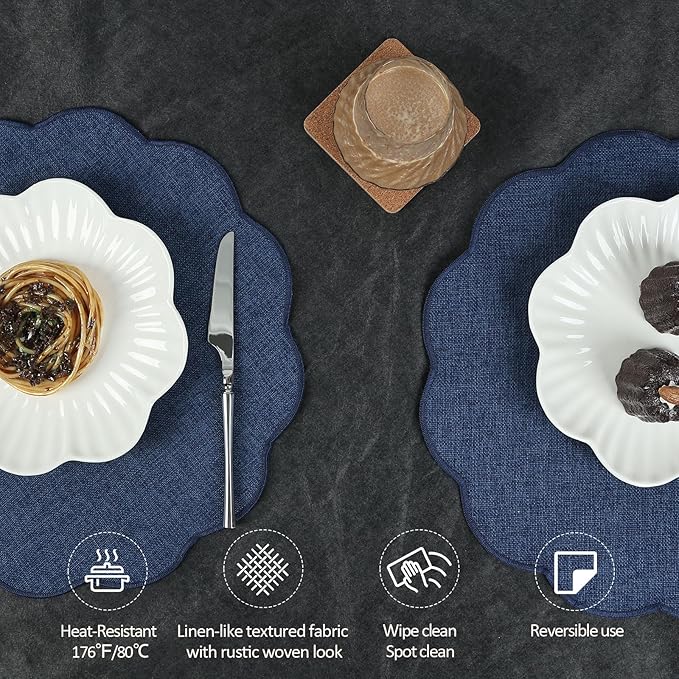 AHHFSMEI Round Faux Linen Placemats Set of 6 Waterproof Table Mats Heat Resistant Non-Slip and Stain Proof for Kitchen Dining Elegant Decor (Navy Blue,6)